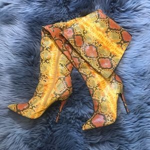 WORN ONCE orange snakeskin thigh high boots sz 9